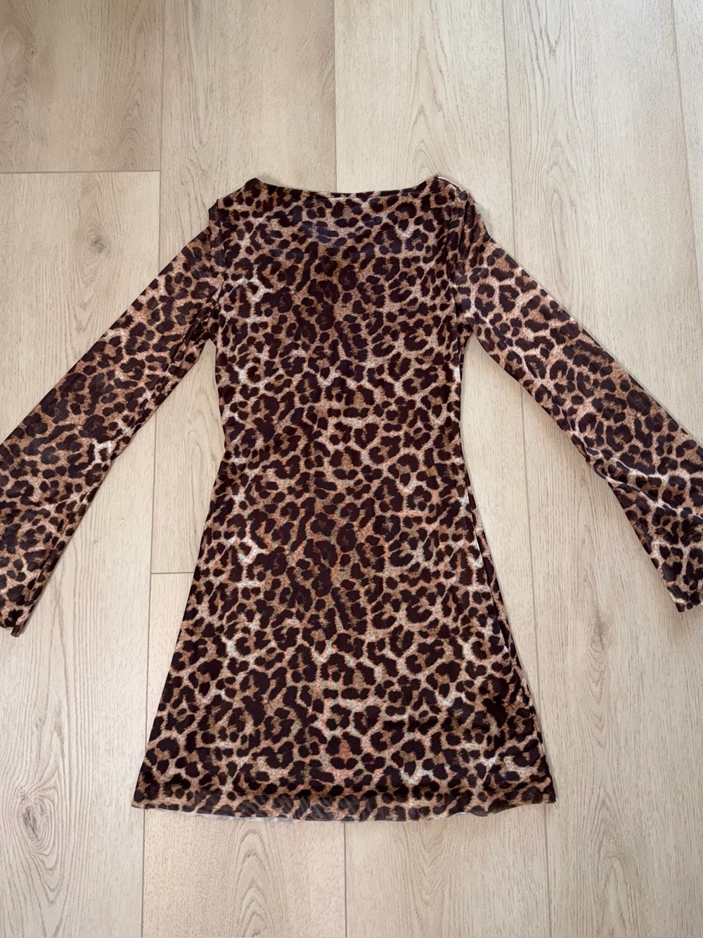 New Leopard Print Mesh Long Sleeve Mini Dress Size XS